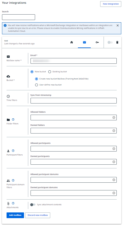 Configurar un nuevo buzón en la página Integraciones