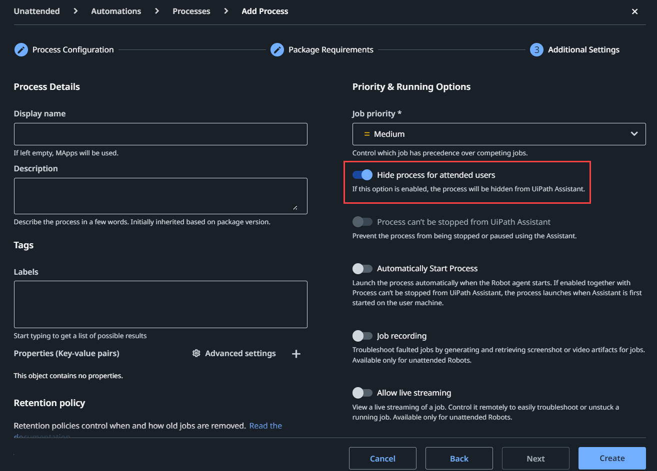 Ventana de proceso con la opción Ocultar proceso para attended users habilitada