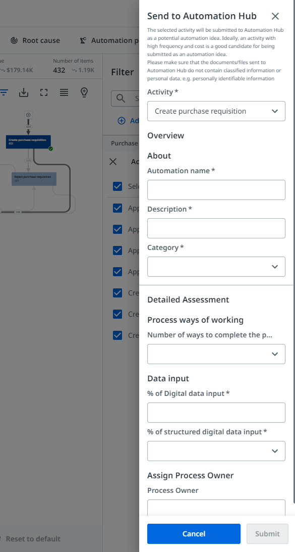 Process Mining: envío de ideas de automatización a UiPath Automation Hub