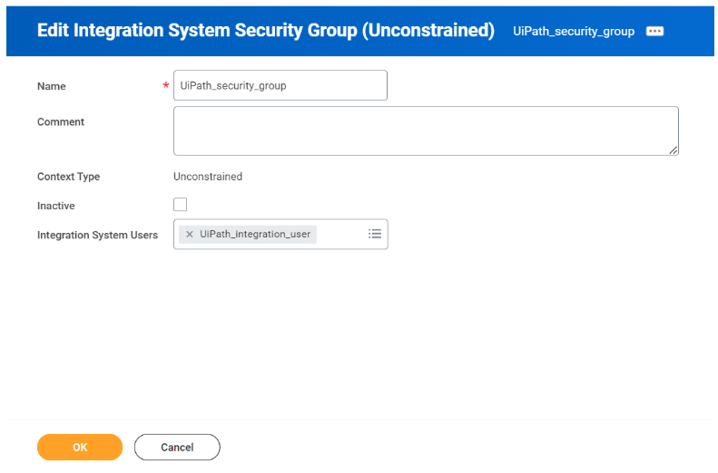 Workday の [Integration System Security Group] ウィンドウの編集