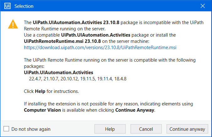 Studio - UiPath.UIAutomation.Activities パッケージと UiPath リモート ランタイムのバージョンが ...