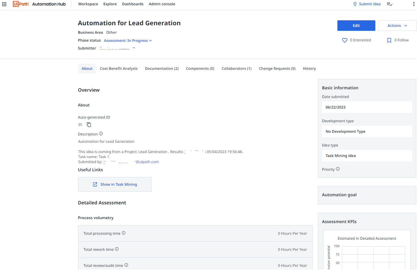 Task Mining — Envio de ideias de automação ao UiPath Automation Hub